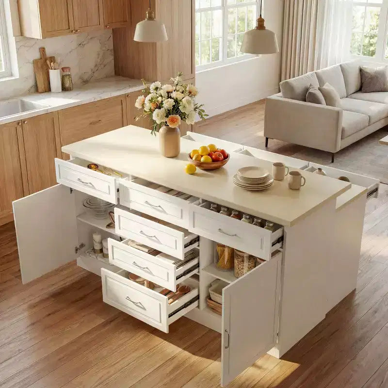 Homsee White 2-in-1 Kitchen Island with Table  Stone Grain Surface, Multi-Drawer Storage, Outlets & Easy Clean