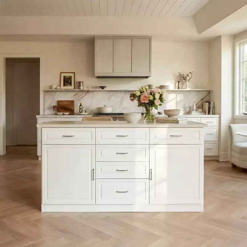 Homsee Îlot de cuisine 2-en-1 blanc avec table Surface imitation pierre, Rangement multi-tiroirs, Prises de courant et Facile à nettoyer