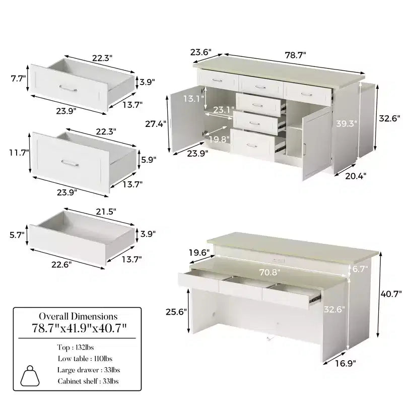 Homsee Îlot de cuisine 2-en-1 blanc avec table Surface imitation pierre, Rangement multi-tiroirs, Prises de courant et Facile à nettoyer