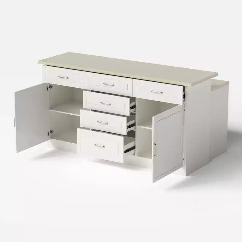 Homsee Îlot de cuisine 2-en-1 blanc avec table Surface imitation pierre, Rangement multi-tiroirs, Prises de courant et Facile à nettoyer