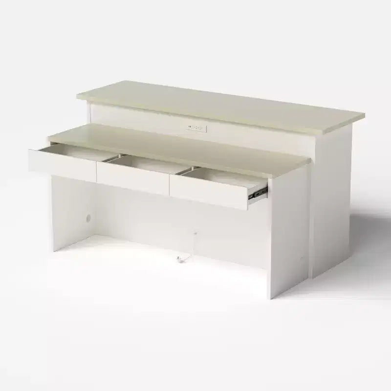 Homsee Îlot de cuisine 2-en-1 blanc avec table Surface imitation pierre, Rangement multi-tiroirs, Prises de courant et Facile à nettoyer