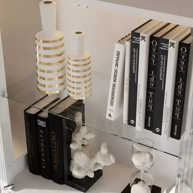 Vitrine haute blanche Famapy avec éclairage LED, vitrine en verre avec tiroir pour objets de collection, livres et décoration intérieure