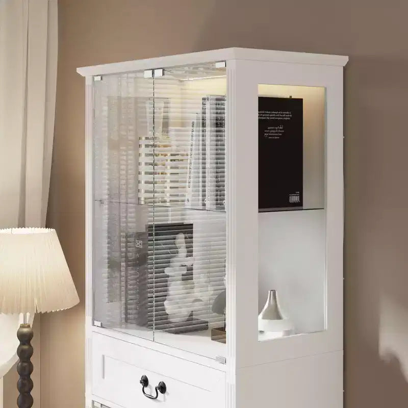 Vitrine haute blanche Famapy avec éclairage LED, vitrine en verre avec tiroir pour objets de collection, livres et décoration intérieure