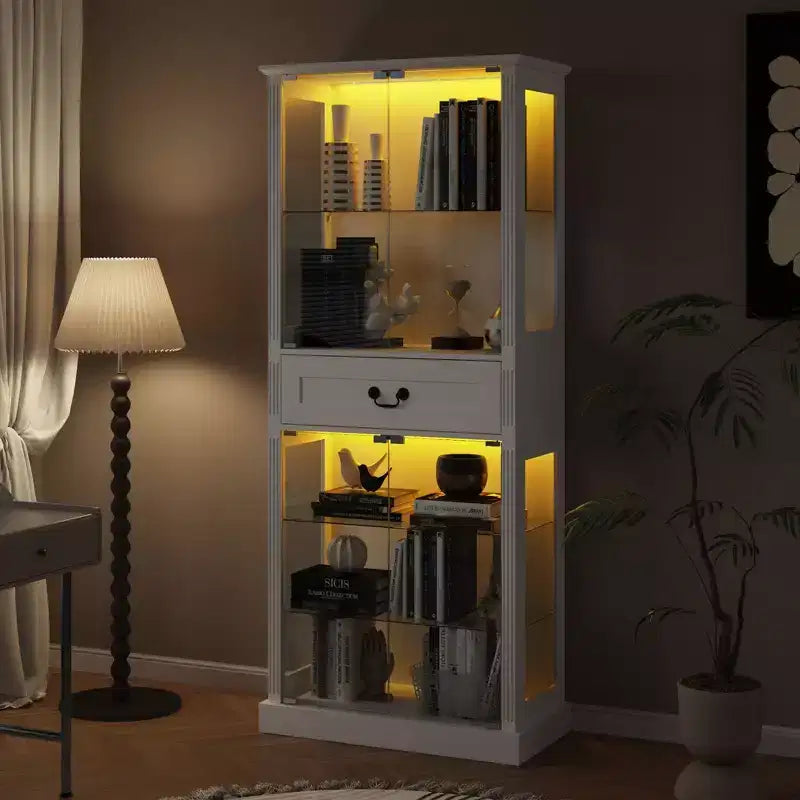 Vitrine haute blanche Famapy avec éclairage LED, vitrine en verre avec tiroir pour objets de collection, livres et décoration intérieure