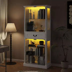 Vitrine haute blanche Famapy avec éclairage LED, vitrine en verre avec tiroir pour objets de collection, livres et décoration intérieure