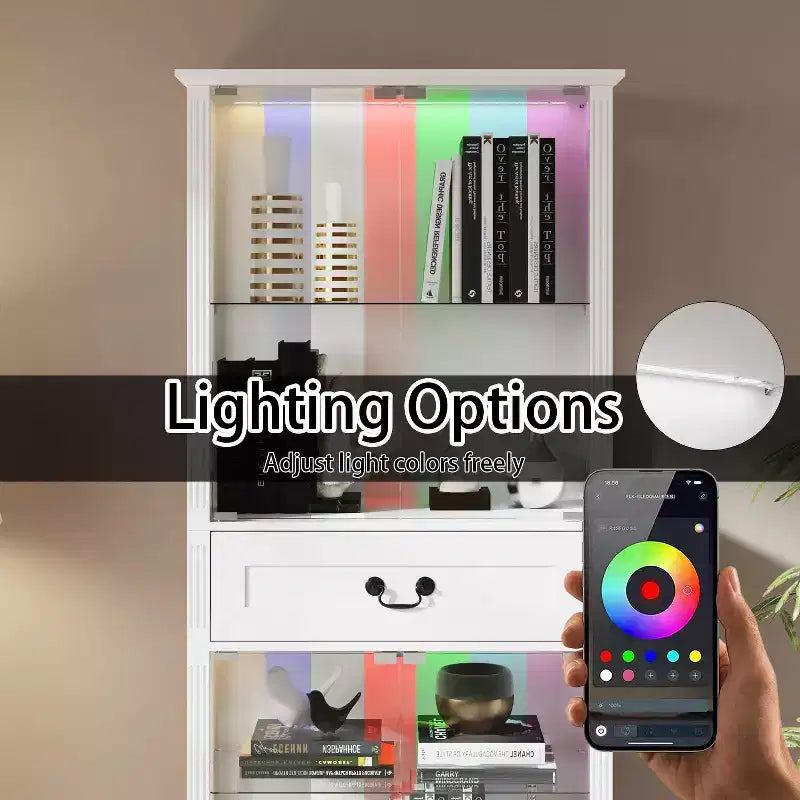 Vitrine haute blanche Famapy avec éclairage LED, vitrine en verre avec tiroir pour objets de collection, livres et décoration intérieure