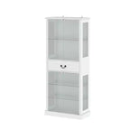 Vitrine haute blanche Famapy avec éclairage LED, vitrine en verre avec tiroir pour objets de collection, livres et décoration intérieure