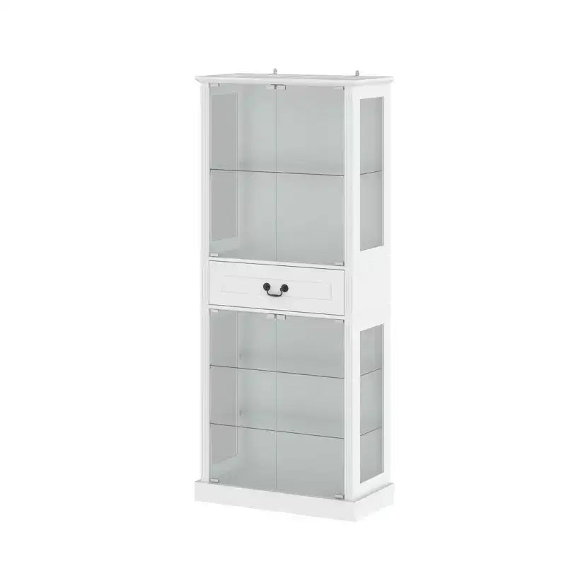 Vitrine haute blanche Famapy avec éclairage LED, vitrine en verre avec tiroir pour objets de collection, livres et décoration intérieure