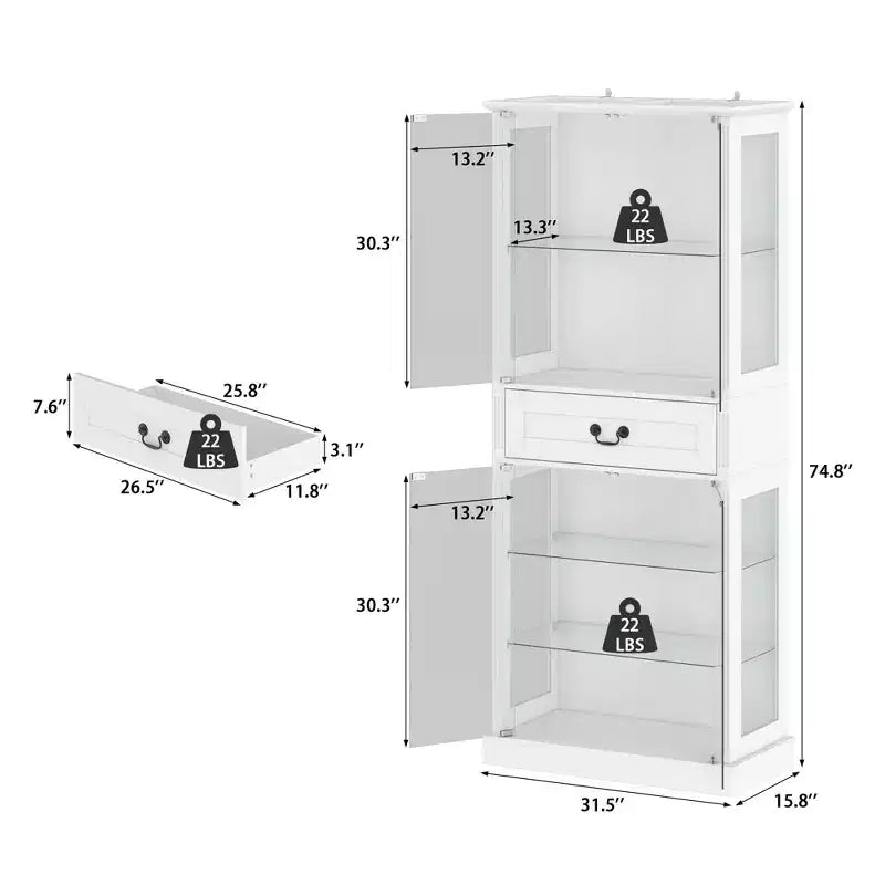 Vitrine haute blanche Famapy avec éclairage LED, vitrine en verre avec tiroir pour objets de collection, livres et décoration intérieure