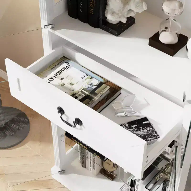 Vitrine haute blanche Famapy avec éclairage LED, vitrine en verre avec tiroir pour objets de collection, livres et décoration intérieure