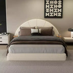 Beige Arched Boucle Upholstered Bed Frame with Built-In Side Table, Soft Texture and Stable Floor-Standing Design for Chic Bedrooms, Queen