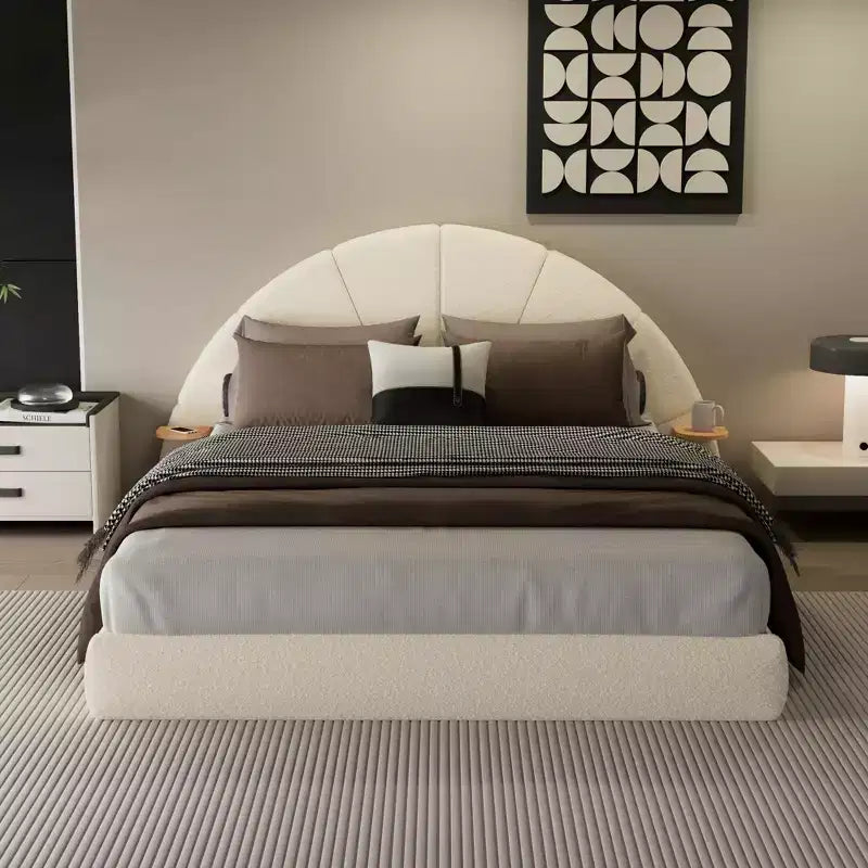 Beige Arched Boucle Upholstered Bed Frame with Built-In Side Table, Soft Texture and Stable Floor-Standing Design for Chic Bedrooms, Queen