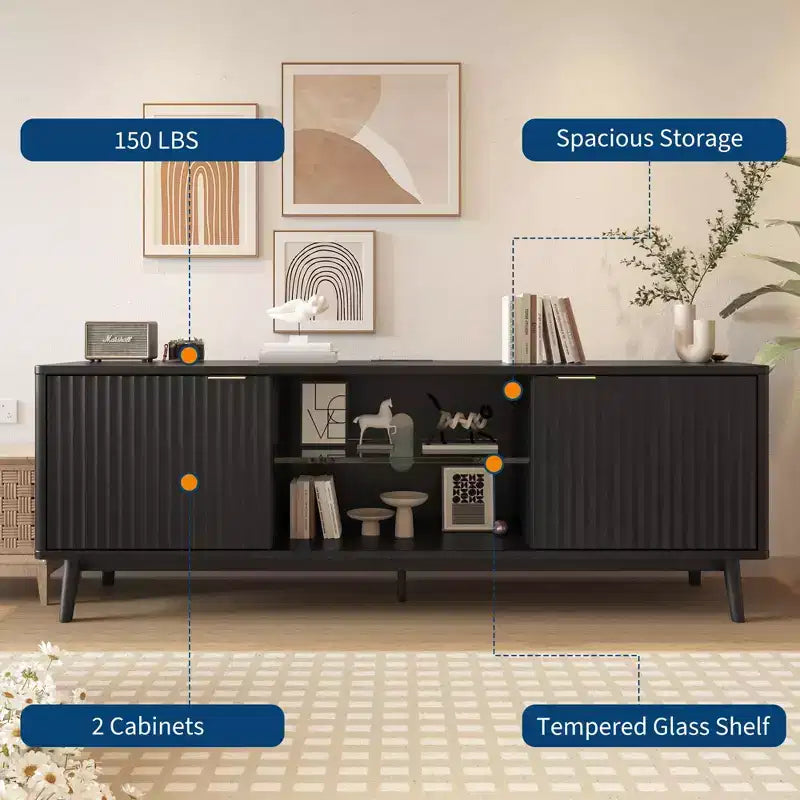 Meuble TV moderne de 63 pouces, noir, centre de divertissement avec étagère réglable, table console TV, montage facile, pour salon, chambre à coucher