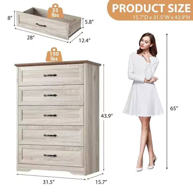 Commode de chambre à coucher, commode à 5 tiroirs, commode haute moderne, meuble de rangement à tiroirs en bois pour salon, couloir, entrée