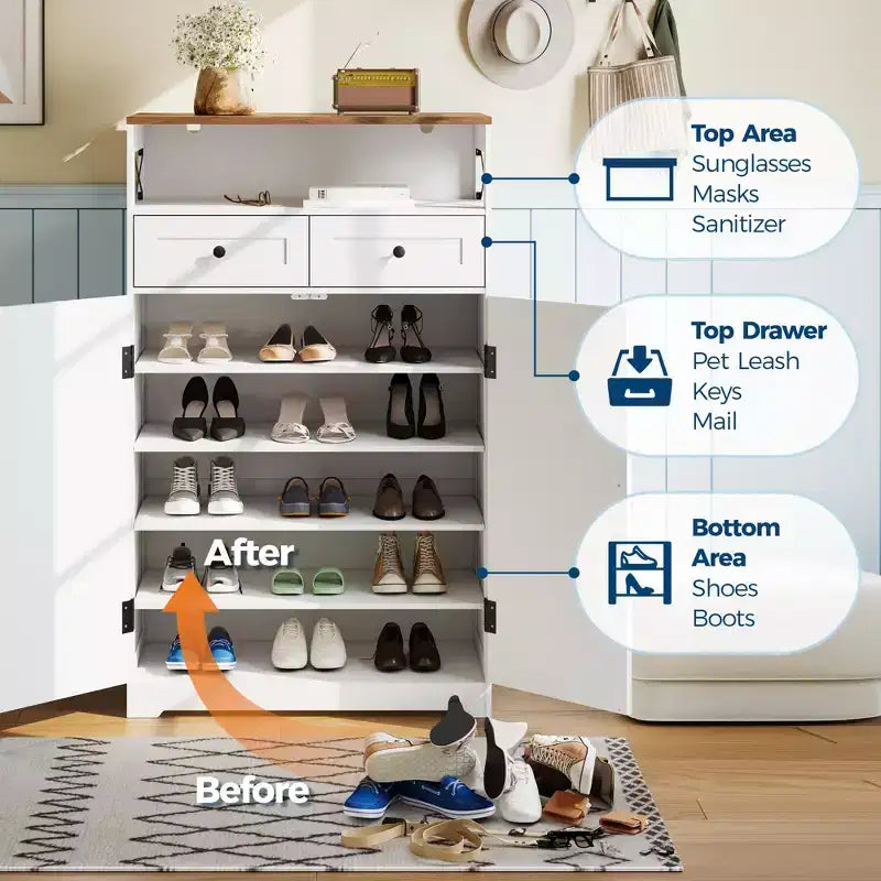 Meuble de rangement pour chaussures de style ferme moderne, étagères réglables, organisateur d'entrée autoportant, pour salon, chambre à coucher