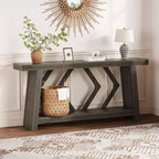 Console de 70,9 po tout en bois - Table d'entrée et de couloir étroite à 2 niveaux - Table de canapé rustique marron de style ferme avec pieds trapézoïdaux