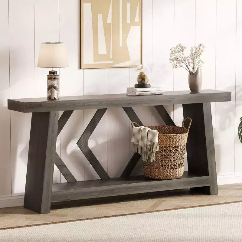 Console de 70,9 po tout en bois - Table d'entrée et de couloir étroite à 2 niveaux - Table de canapé rustique marron de style ferme avec pieds trapézoïdaux