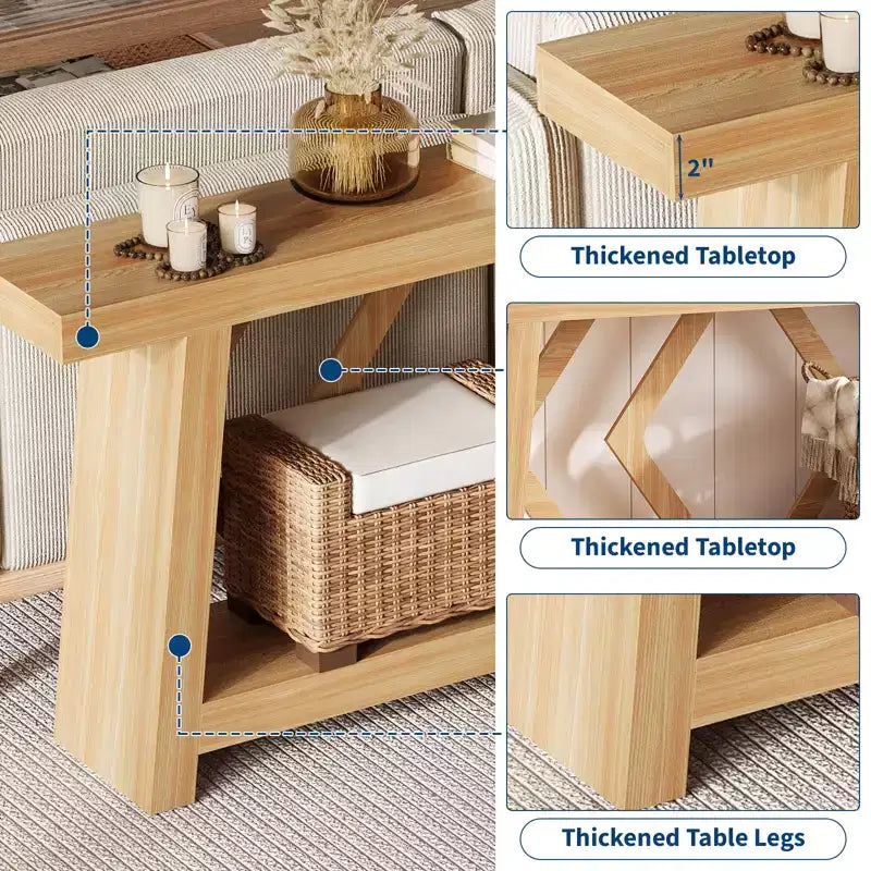Console de 70,9 po tout en bois - Table d'entrée et de couloir étroite à 2 niveaux - Table de canapé rustique marron de style ferme avec pieds trapézoïdaux