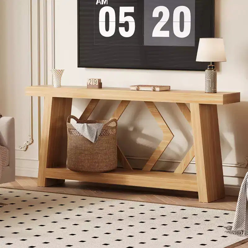 Console de 70,9 po tout en bois - Table d'entrée et de couloir étroite à 2 niveaux - Table de canapé rustique marron de style ferme avec pieds trapézoïdaux