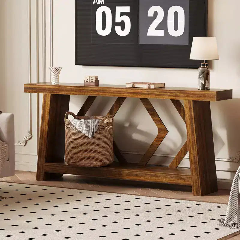 Console de 70,9 po tout en bois - Table d'entrée et de couloir étroite à 2 niveaux - Table de canapé rustique marron de style ferme avec pieds trapézoïdaux
