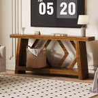 Console de 70,9 po tout en bois - Table d'entrée et de couloir étroite à 2 niveaux - Table de canapé rustique marron de style ferme avec pieds trapézoïdaux