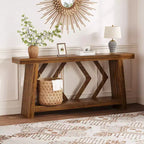 Console de 70,9 po tout en bois - Table d'entrée et de couloir étroite à 2 niveaux - Table de canapé rustique marron de style ferme avec pieds trapézoïdaux