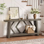 Console de 70,9 po tout en bois - Table d'entrée et de couloir étroite à 2 niveaux - Table de canapé rustique marron de style ferme avec pieds trapézoïdaux