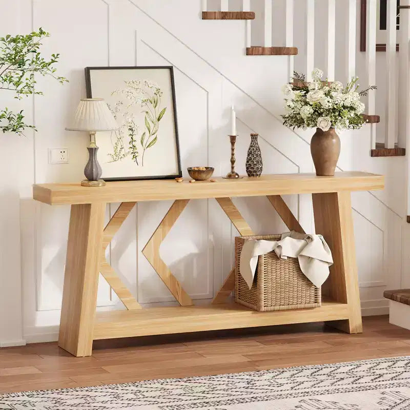Console de 70,9 po tout en bois - Table d'entrée et de couloir étroite à 2 niveaux - Table de canapé rustique marron de style ferme avec pieds trapézoïdaux