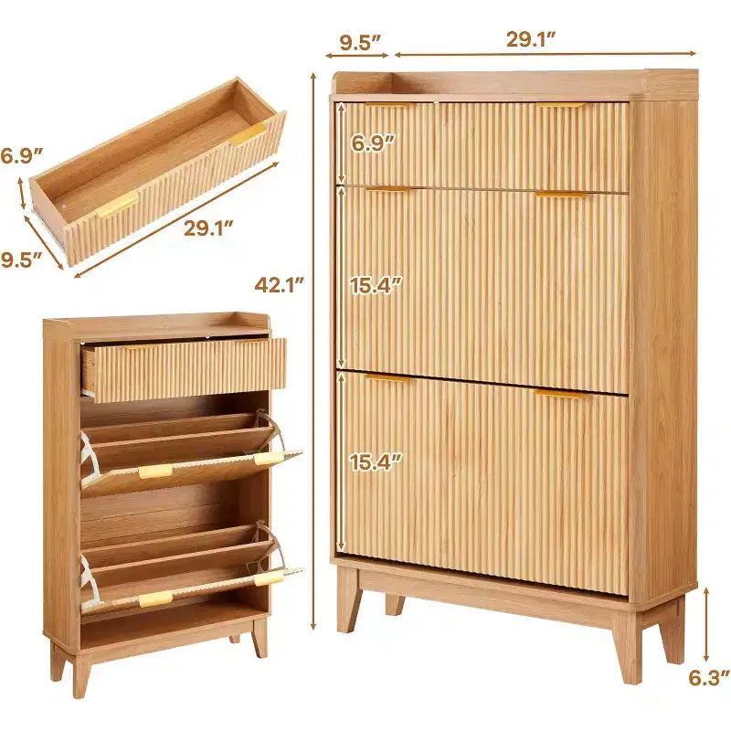 Meuble à chaussures fin cannelé pour entrée, organiseur d'entrée moderne et étroit avec 2 portes, étagères réglables, solution de rangement compacte pour la maison