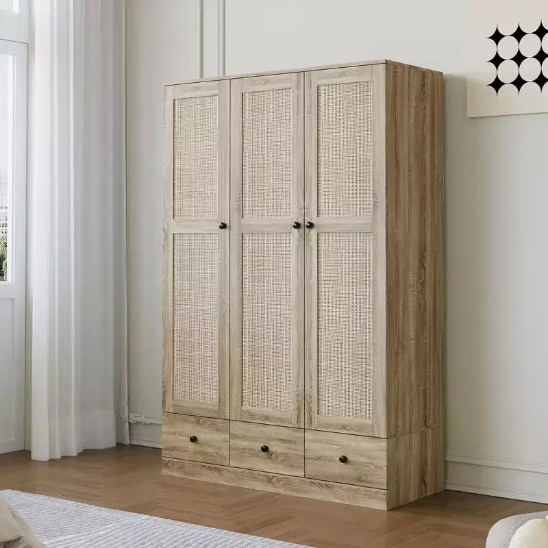 Famapy Rattan Wardrobe with 3 Drawers,3 Breathable Rattan Doors Closet,Farmhouse Style Tall Storage Armoire for Bedroom