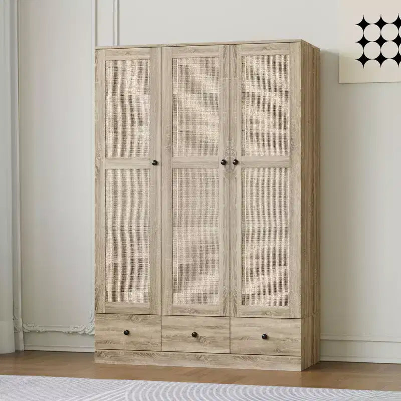 Armoire en rotin Famapy à 3 tiroirs, placard à 3 portes en rotin respirant, armoire de rangement haute de style ferme pour chambre à coucher