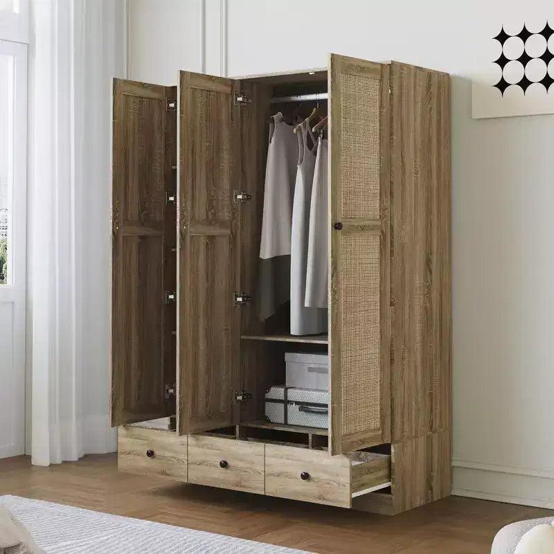 Armoire en rotin Famapy à 3 tiroirs, placard à 3 portes en rotin respirant, armoire de rangement haute de style ferme pour chambre à coucher