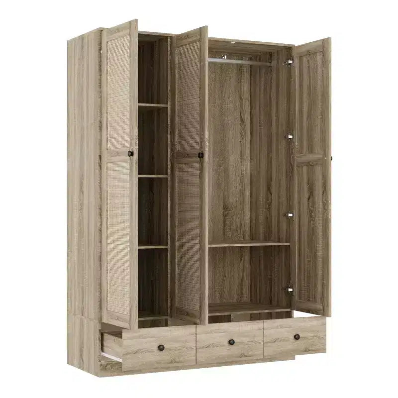 Armoire en rotin Famapy à 3 tiroirs, placard à 3 portes en rotin respirant, armoire de rangement haute de style ferme pour chambre à coucher