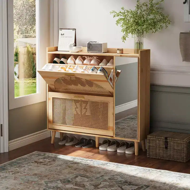 Natural Rattan Shoe Cabinet 2 Flip Drawers with Mirror Adjustable Shelves Freestanding Shoe Rack for Entryway Hallway Closet