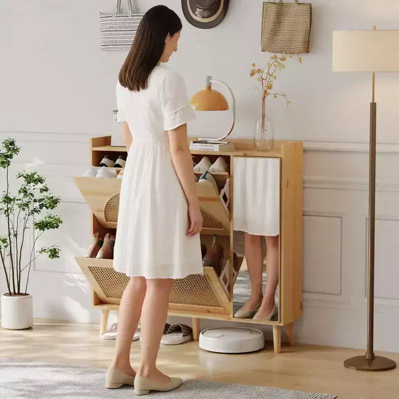 Meuble à Chaussures en Rotin Naturel avec 2 Tiroirs Basculants, Miroir et Étagères Réglables, Meuble à Chaussures sur Pied pour Entrée, Couloir, Placard