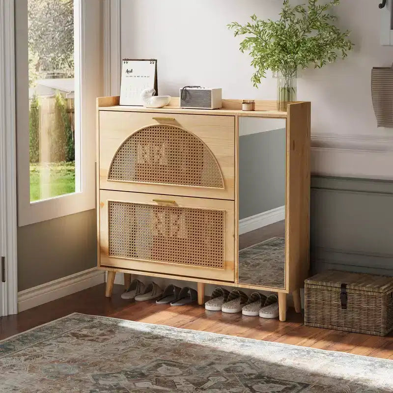 Meuble à Chaussures en Rotin Naturel avec 2 Tiroirs Basculants, Miroir et Étagères Réglables, Meuble à Chaussures sur Pied pour Entrée, Couloir, Placard