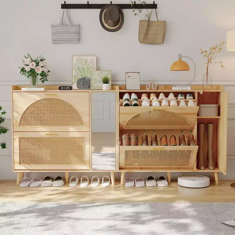 Meuble à Chaussures en Rotin Naturel avec 2 Tiroirs Basculants, Miroir et Étagères Réglables, Meuble à Chaussures sur Pied pour Entrée, Couloir, Placard