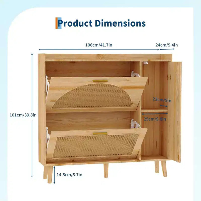 Meuble à Chaussures en Rotin Naturel avec 2 Tiroirs Basculants, Miroir et Étagères Réglables, Meuble à Chaussures sur Pied pour Entrée, Couloir, Placard