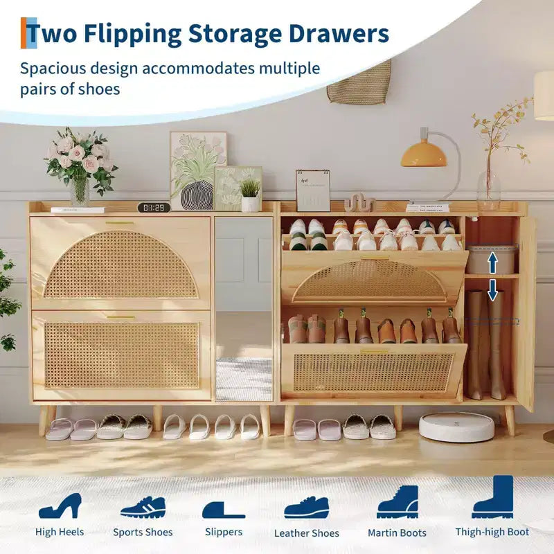 Meuble à Chaussures en Rotin Naturel avec 2 Tiroirs Basculants, Miroir et Étagères Réglables, Meuble à Chaussures sur Pied pour Entrée, Couloir, Placard
