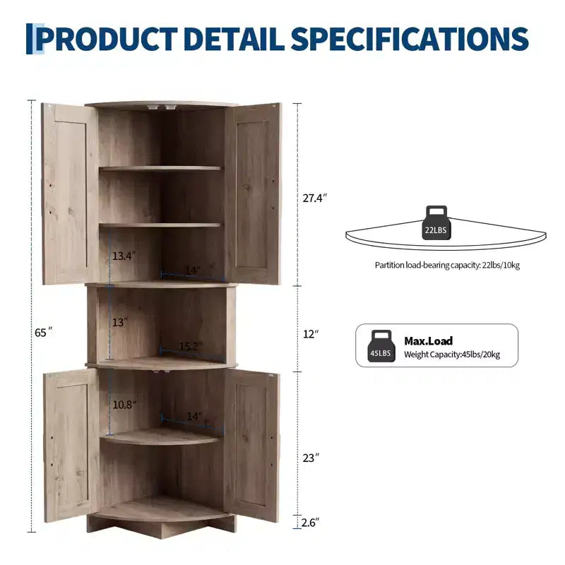 COZONY Meuble d'angle de ferme 65" avec portes et étagères réglables, Armoire de rangement d'angle haute pour cuisine et salon