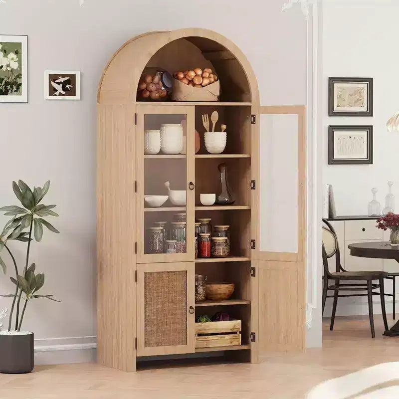 COZONY 71 Meuble de rangement de cuisine arqué avec portes en rotin et tiroir, Armoire de rangement haute en bois avec 6 étagères