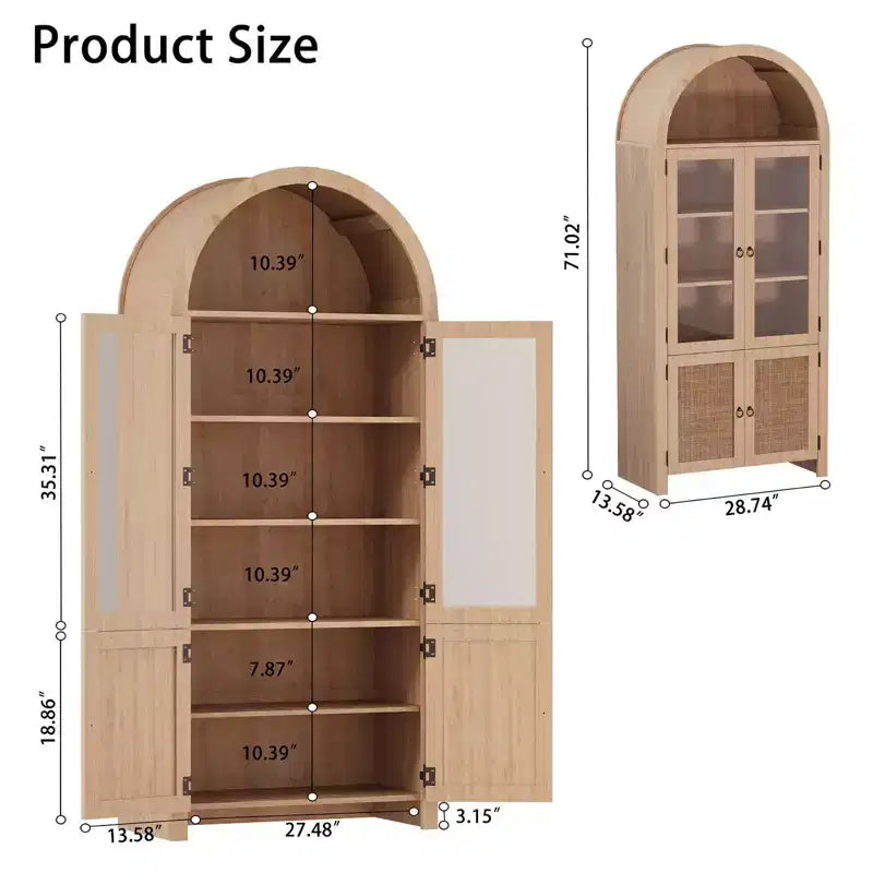 COZONY 71 Meuble de rangement de cuisine arqué avec portes en rotin et tiroir, Armoire de rangement haute en bois avec 6 étagères