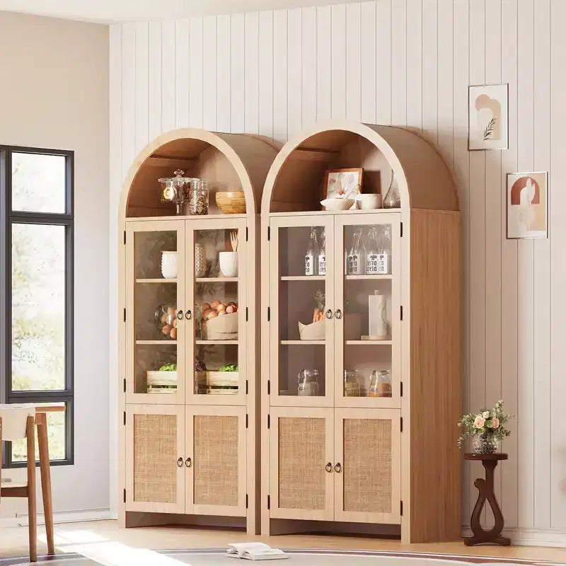 COZONY 71 Meuble de rangement de cuisine arqué avec portes en rotin et tiroir, Armoire de rangement haute en bois avec 6 étagères