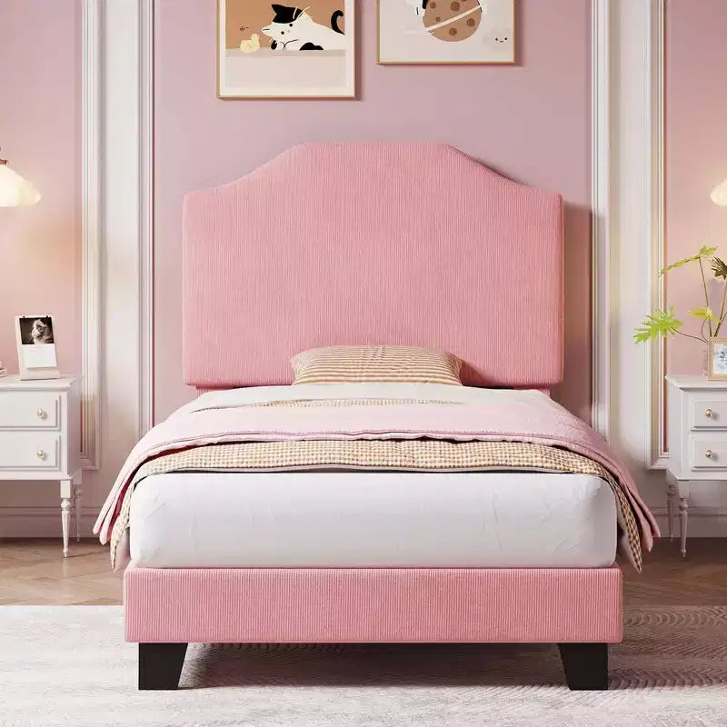 COZONY Twin Size Upholstered Platform Bed Frame with Corduroy Headboard, Adjustable Headboard, Wood Slats Support, No Box Spring