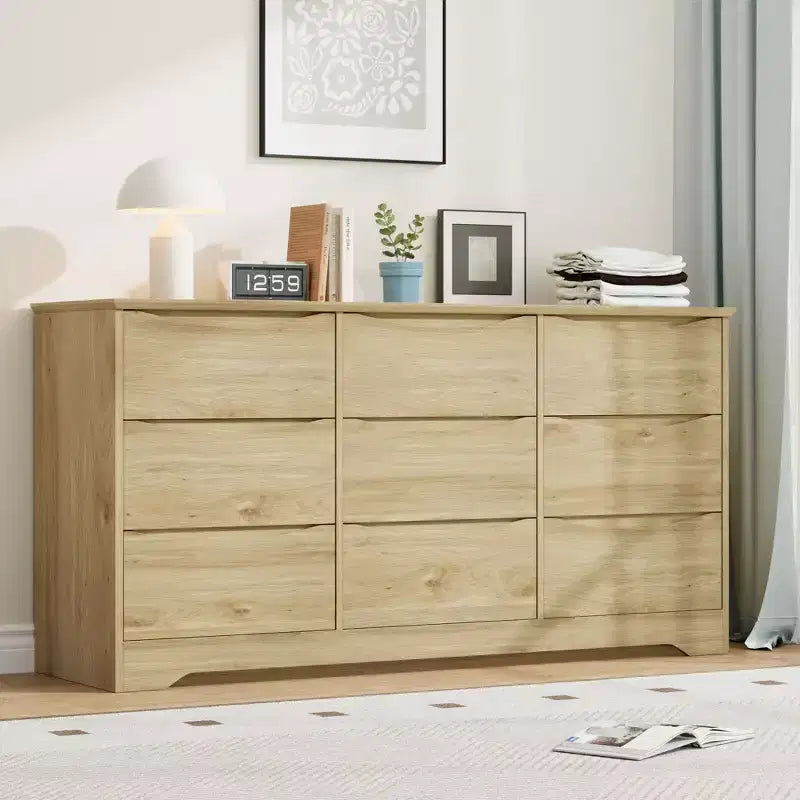 Modern Wooden Dresser with 9 Drawers, Large Chest of Drawers with Deep Storage & Wide Top, Tall Organizer for Bedroom, Living & Kids Room,Natural