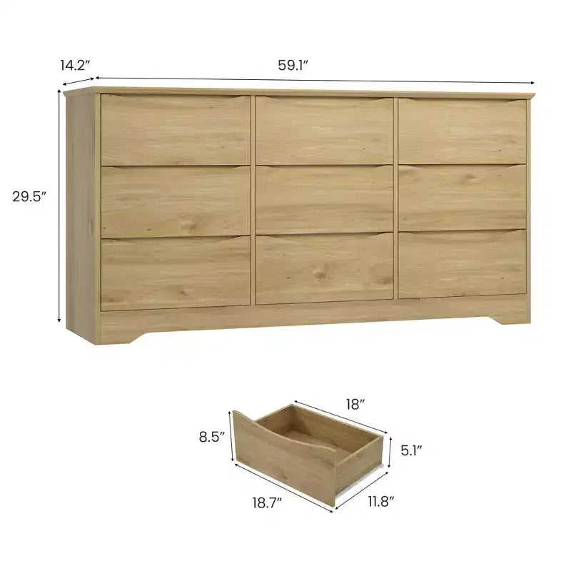 Commode Moderne en Bois à 9 Tiroirs, Grande Commode avec Rangement Profond et Plateau Large, Organisateur Haut pour Chambre, Salon et Chambre d'Enfant, Naturel