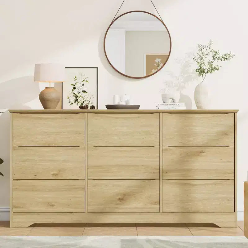 Commode Moderne en Bois à 9 Tiroirs, Grande Commode avec Rangement Profond et Plateau Large, Organisateur Haut pour Chambre, Salon et Chambre d'Enfant, Naturel