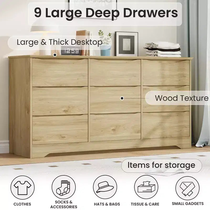 Commode Moderne en Bois à 9 Tiroirs, Grande Commode avec Rangement Profond et Plateau Large, Organisateur Haut pour Chambre, Salon et Chambre d'Enfant, Naturel