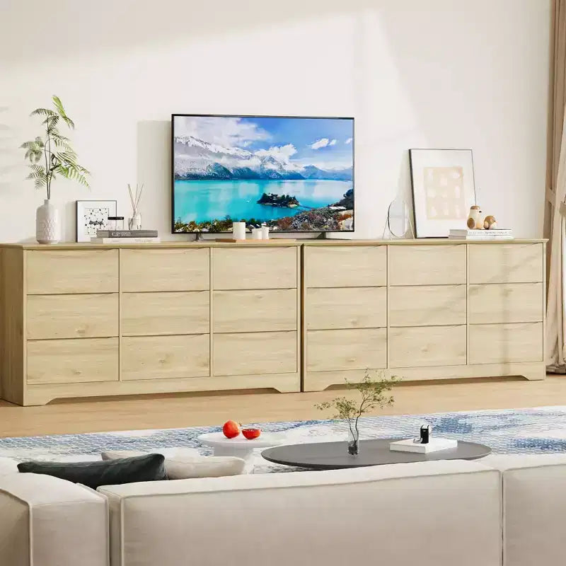 Commode Moderne en Bois à 9 Tiroirs, Grande Commode avec Rangement Profond et Plateau Large, Organisateur Haut pour Chambre, Salon et Chambre d'Enfant, Naturel