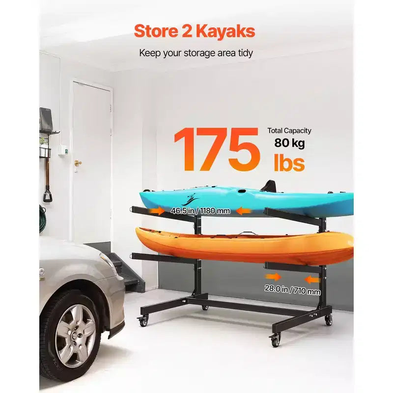 VEVOR Support de rangement pour 2 kayaks, capacité de 79 kg, support autoportant robuste et réglable avec roulettes verrouillables, noir